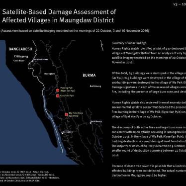 Human Rights Watch identified a total of 430 destroyed buildings in three villages of Maungdaw District from an analysis of very high resolution satellite imagery recorded on the mornings of October 22, November 3, and November 10, 2016. 
