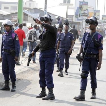 Riot police patrol a street in Goma, Democratic Republic of Congo, during nation-wide protests against a proposed change in the law that would delay elections, January 19, 2015.