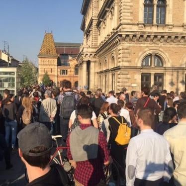 People in Budapest protest a draft law targeting Central European University, Hungary, April 2, 2017