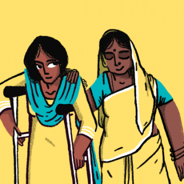 Still from animation of two women together at a police station