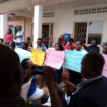Ugandan human rights activists hold a press conference on February 9 to condemn the violent break-in at Human Rights Awareness and Promotion Forum (HRAPF) and call on police to investigate. HURINET/2018