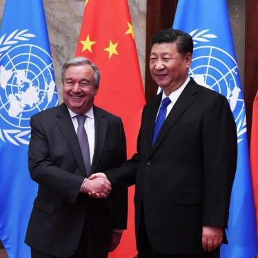 U.N. Secretary-General Antonio Guterres shakes hands with Chinese President Xi Jinping at the Great Hall of the People in Beijing, China, April 8, 2018.