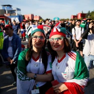 Supporters of Iran watch the Morocco vs Iran match in a fan zone in Moscow, Russa, on June 15, 2018.