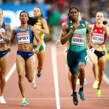 Caster Semenya of South Africa, Charlene Lipsey of the united States and Lynsey Sharp of Great Britain compete in the Women's 800 metres semi finals during day eight of the 16th IAAF World Athletics Championships London 2017