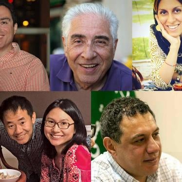 [From top left] Siamak Namazi, Baquer Namazi, Nazanin Zaghari-Ratcliffe, Xiyue Wang and his family, and Nizar Zakka. © 2018 Private 