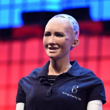 Sophia the Robot, Chief Humanoid, Hanson Robotics & SingularityNET, on the Centre Stage during the opening day of Web Summit 2017 at Altice Arena in Lisbon
