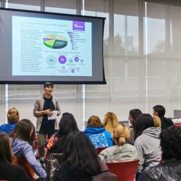 Zhanar Sekerbaeva co-founder of Feminita, a feminist initiative in Almaty, gives a talk on the demographics of lesbian, bisexual, and queer women in Kazakhstan. 