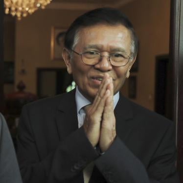 Cambodia National Rescue Party's President Kem Sokha greets media after a meeting with French Ambassador to Cambodia Eva Nguyen Binh at his house in Phnom Penh, Cambodia, Monday, Nov. 11, 2019. 