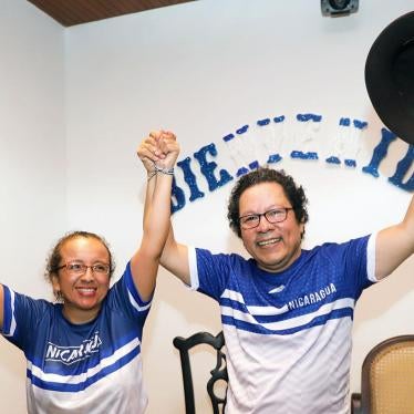 Journalists Lucia Pineda and Miguel Mora celebrate their release after spending almost six months in jail in Managua on June 11, 2019.