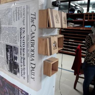 The first issue of The Cambodia Daily is seen at the newspaper's office in Phnom Penh, Cambodia, on the day of the newspaper's forced shut down, September 3, 2017. 